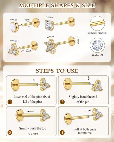 YACHY 8PCS Threadless Flat Back Earrings 18G CZ Cartilage Studs, 316L Surgical Steel Push Pin Helix Tragus Conch Medusa Lip Piercing Jewelry, Hypoallergenic Sleeping Earrings for Women Men in Saudi Arabia