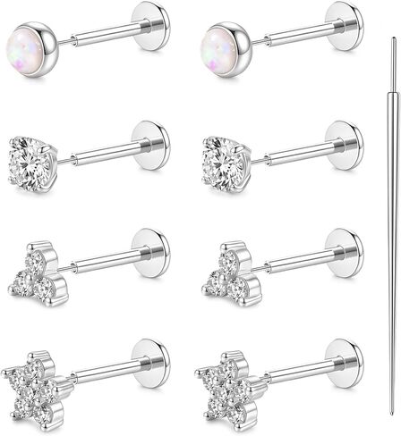 YACHY 8PCS Threadless Flat Back Earrings 18G CZ Cartilage Studs, 316L Surgical Steel Push Pin Helix Tragus Conch Medusa Lip Piercing Jewelry, Hypoallergenic Sleeping Earrings for Women Men in Saudi Arabia