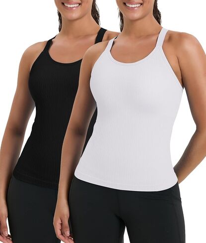 HIGHDAYS Women’s 2 Pack Workout Tank Tops with Built-in Bra, Seamless Ribbed Racerback, Adjustable Straps in Saudi Arabia