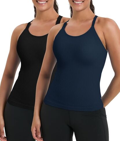 HIGHDAYS Women’s 2 Pack Workout Tank Tops with Built-in Bra, Seamless Ribbed Racerback, Adjustable Straps in Saudi Arabia