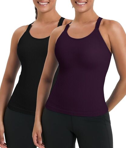 HIGHDAYS Women’s 2 Pack Workout Tank Tops with Built-in Bra, Seamless Ribbed Racerback, Adjustable Straps in Saudi Arabia