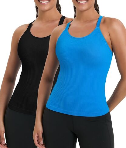 HIGHDAYS Women’s 2 Pack Workout Tank Tops with Built-in Bra, Seamless Ribbed Racerback, Adjustable Straps in Saudi Arabia