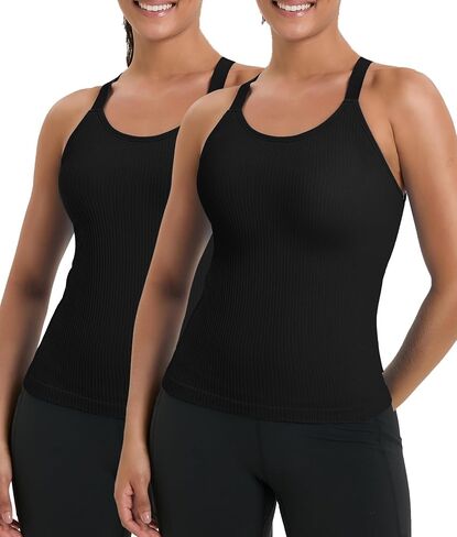 HIGHDAYS Women’s 2 Pack Workout Tank Tops with Built-in Bra, Seamless Ribbed Racerback, Adjustable Straps in Saudi Arabia