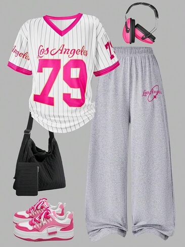 Girl's casual sports suit, small V-neck sports digital striped printed top paired with gray straight leg pants set in Kuwait