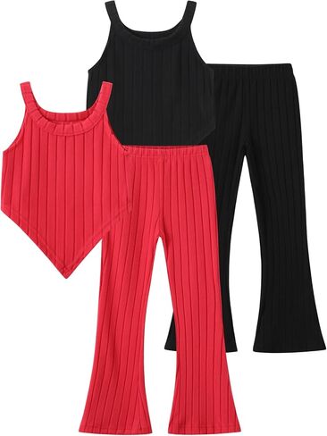 4 Piece Girls Heart-Shaped Clothing Sleeveless Ribbed Tank Tops and Flared Pants Summer Outfit 3-14Y in Kuwait