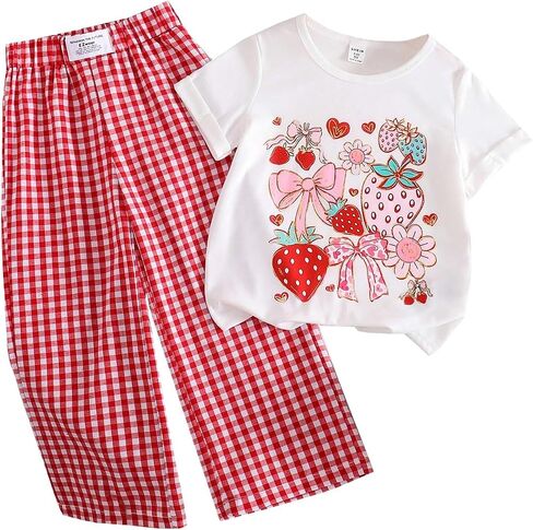 Girl's 2 Piece Outfits Strawberry Coquette Shirts and Wide Leg Pants Kid Bow Summer Sets Cute Gingham Pants for 4-7Y in Saudi Arabia