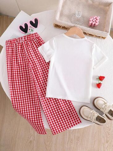 Girl's 2 Piece Outfits Strawberry Coquette Shirts and Wide Leg Pants Kid Bow Summer Sets Cute Gingham Pants for 4-7Y in Saudi Arabia
