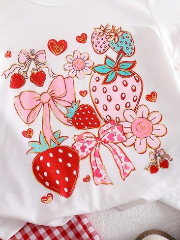 Girl's 2 Piece Outfits Strawberry Coquette Shirts and Wide Leg Pants Kid Bow Summer Sets Cute Gingham Pants for 4-7Y in Saudi Arabia