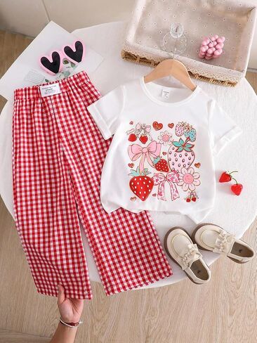 Girl's 2 Piece Outfits Strawberry Coquette Shirts and Wide Leg Pants Kid Bow Summer Sets Cute Gingham Pants for 4-7Y in Saudi Arabia