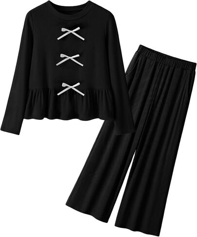 oyyniis Girls Clothing Set Long Sleeve Ruffle Hem Top & Flare Leg Pants Casual Cute Outfits With Bowknot 5-14 Years in Saudi Arabia