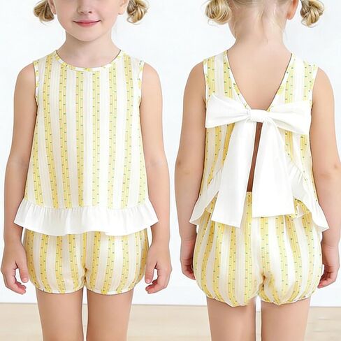 Girls' Sleeveless Vest And Pants Set Bow Detail Floral Striped Ruffled Pants Sheer Panel Summer Outfit 4-6Y in Kuwait