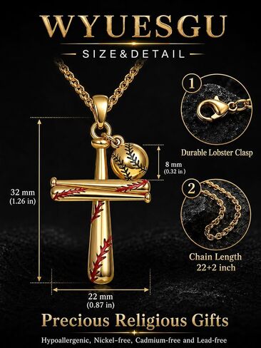 Baseball Cross Necklace for Men,14K Gold Plated Christian Pendant Religious Jewelry Anniversary Baptism First Communion Fathers Day Birthday Gifts for Husband, Boyfriend in Saudi Arabia