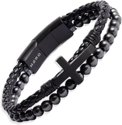 Hero Company Cross Bracelet for Men - FIDES Leather & Magnetic Titanium Bead Bracelet for Father's Day - Helps Pair Veterans With A Service Dog in Saudi Arabia