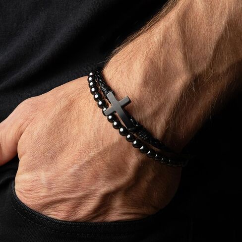 Hero Company Cross Bracelet for Men - FIDES Leather & Magnetic Titanium Bead Bracelet for Father's Day - Helps Pair Veterans With A Service Dog in Saudi Arabia