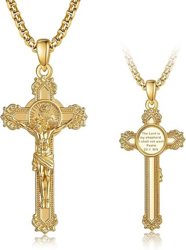 Crucifix Cross Necklace for Men 14K Gold Plated Faith Pendant Christopher God Lords Prayer Saint Medal Christian Religious Jewelry Baptism First Communion Anniversary Birthday Father Day Gifts Husband in Saudi Arabia