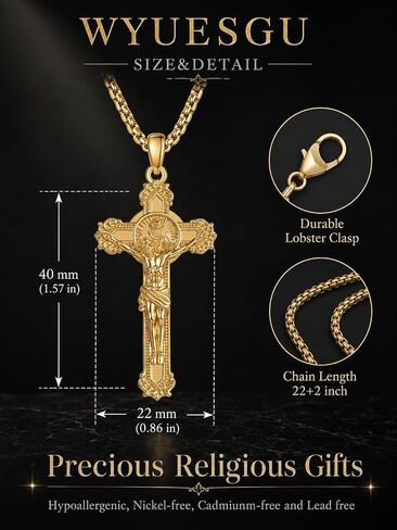 Crucifix Cross Necklace for Men 14K Gold Plated Faith Pendant Christopher God Lords Prayer Saint Medal Christian Religious Jewelry Baptism First Communion Anniversary Birthday Father Day Gifts Husband in Saudi Arabia