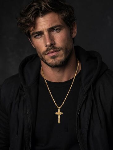 Crucifix Cross Necklace for Men 14K Gold Plated Faith Pendant Christopher God Lords Prayer Saint Medal Christian Religious Jewelry Baptism First Communion Anniversary Birthday Father Day Gifts Husband in Saudi Arabia