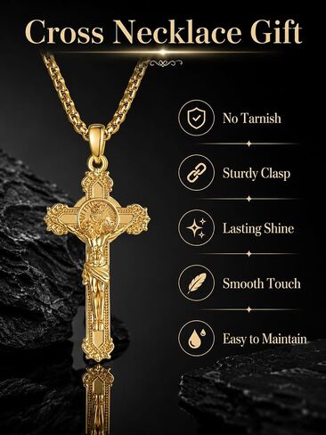 Crucifix Cross Necklace for Men 14K Gold Plated Faith Pendant Christopher God Lords Prayer Saint Medal Christian Religious Jewelry Baptism First Communion Anniversary Birthday Father Day Gifts Husband in Saudi Arabia