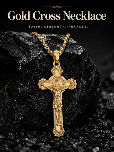 Crucifix Cross Necklace for Men 14K Gold Plated Faith Pendant Christopher God Lords Prayer Saint Medal Christian Religious Jewelry Baptism First Communion Anniversary Birthday Father Day Gifts Husband in Saudi Arabia