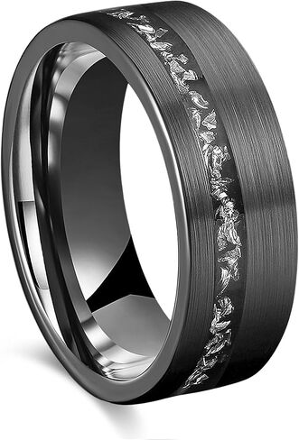 Men's Wedding Ring 8mm Black Brushed Tungsten Meteorite Inlay – Comfort Fit Mens Wedding Band with Antique Wooden Ring Box in Saudi Arabia