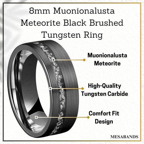 Men's Wedding Ring 8mm Black Brushed Tungsten Meteorite Inlay – Comfort Fit Mens Wedding Band with Antique Wooden Ring Box in Saudi Arabia