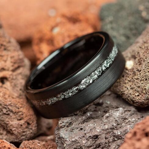 Men's Wedding Ring 8mm Black Brushed Tungsten Meteorite Inlay – Comfort Fit Mens Wedding Band with Antique Wooden Ring Box in Saudi Arabia