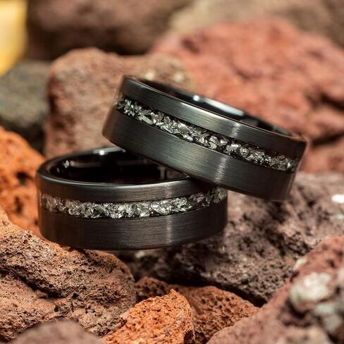 Men's Wedding Ring 8mm Black Brushed Tungsten Meteorite Inlay – Comfort Fit Mens Wedding Band with Antique Wooden Ring Box in Saudi Arabia