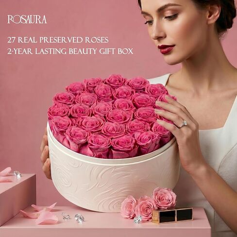 Rosaura 27 Preserved Roses in Round Box-Forever Flowers Gift (Pink) | birthday gifts for women, forever roses, anniversary gifts, mothers day gifts, preserved flowers, valentines day gifts in Saudi Arabia