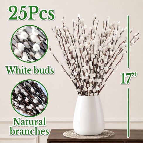 25 Stems Natural Dried Pussywillow Branches for Vases Decor, 15''-17'' Real Preserved Pussywillows with White Snow Willow Branches for Home Decor Wedding Party DIY Floral, Fireplace &Yard Decor in Saudi Arabia