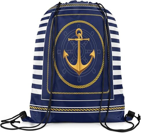 jejeloiu Anchor Decor Drawstring Backpack 13"x15.7" Nautical Themed Stripes Sports Gym String Bag Ocean Drawstring Bags Coastal Waterproof Cinch Bag Sea Adventure Sports Drawstring Sackpack in Kuwait