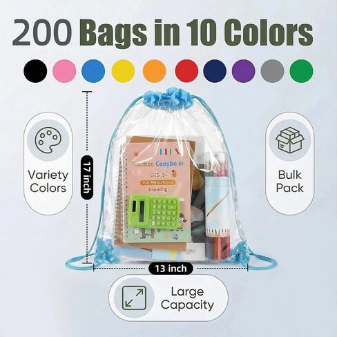 200 Pcs Clear Drawstring Bags Bulk-10 Colors Stadium Approved Clear Backpack for Men Women Multi Color Gym Sport Event Gifts(200) in Saudi Arabia