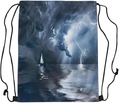 jejeloiu Nautical Gym String Bag Sailboat Printed Drawstring Backpack Ocean Themed Drawstring Bags for Women Men Sea Adventure Waterproof Cinch Bag 13"x15.7" in Kuwait