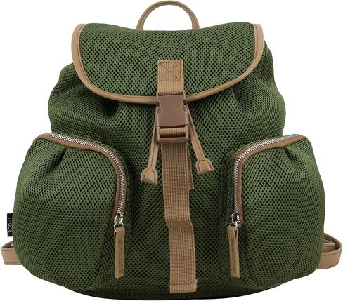 BODHI Drawstring Mini Backpack Bag with Exterior Cargo Double Zipper Pockets, Olive Green Sandwich Mesh Dim Brown Trim in Saudi Arabia
