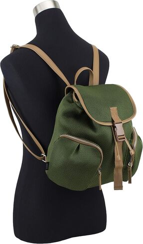 BODHI Drawstring Mini Backpack Bag with Exterior Cargo Double Zipper Pockets, Olive Green Sandwich Mesh Dim Brown Trim in Saudi Arabia