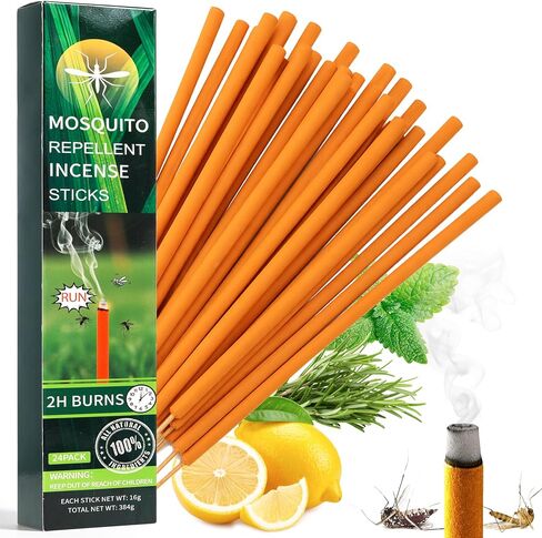 24 Pack Extra Large Mosquito Incense Sticks for Outdoor Patio Backyard Indoors Camping Travel Yoga, DEET Free Mosquito Repellent Sticks Safe for Kids Pets, Long-Lasting 2-Hour Burn Time in Saudi Arabia
