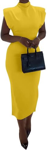 PINSV Maxi Dresses for Women Sleeveless High Neck Elegant Wedding Guest Formal Yellow L in Kuwait