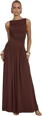 Women's Sleeveless Boat Neck Ruched Bodycon Maxi Dress Cocktail Long Dresses Elegant in Saudi Arabia