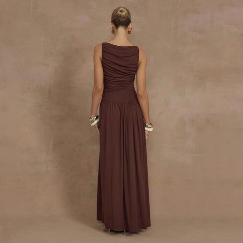 Women's Sleeveless Boat Neck Ruched Bodycon Maxi Dress Cocktail Long Dresses Elegant in Saudi Arabia