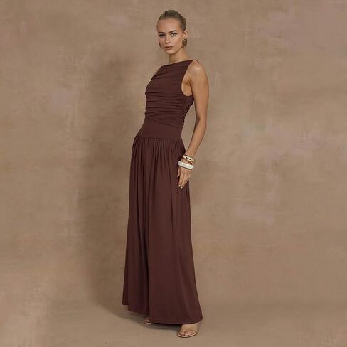 Women's Sleeveless Boat Neck Ruched Bodycon Maxi Dress Cocktail Long Dresses Elegant in Saudi Arabia