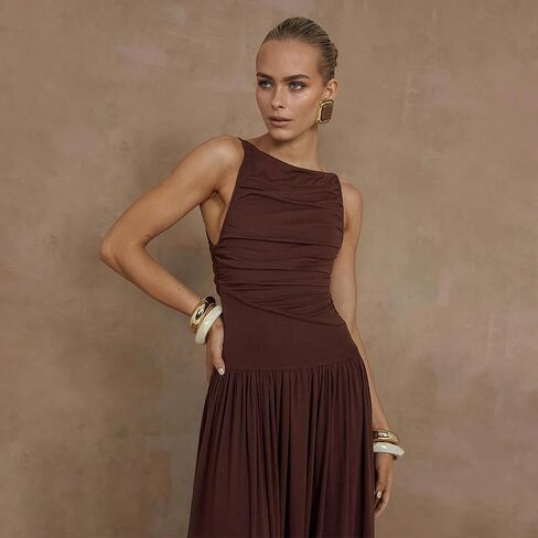 Women's Sleeveless Boat Neck Ruched Bodycon Maxi Dress Cocktail Long Dresses Elegant in Saudi Arabia
