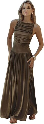 Women's Sleeveless Boat Neck Ruched Bodycon Maxi Dress Cocktail Long Dresses Elegant in Saudi Arabia