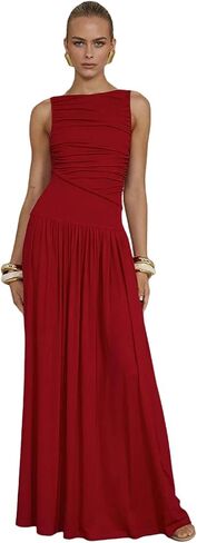 Women's Sleeveless Boat Neck Ruched Bodycon Maxi Dress Cocktail Long Dresses Elegant in Saudi Arabia
