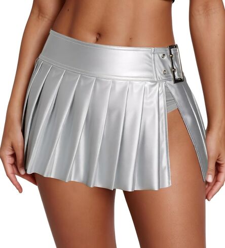 Womens Skater Mini Clubwear Sexy Low Rise Skirt Metallic Slit Skirts Punk Pleated Outfit Pu Leather Side Split Miniskirt Silver XL in Kuwait