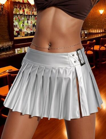 Womens Skater Mini Clubwear Sexy Low Rise Skirt Metallic Slit Skirts Punk Pleated Outfit Pu Leather Side Split Miniskirt Silver XL in Kuwait