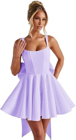 Satin Homecoming Dresses Square Neck Short Prom Dress with Bow Spaghetti Straps Cocktail Party Gown in Saudi Arabia