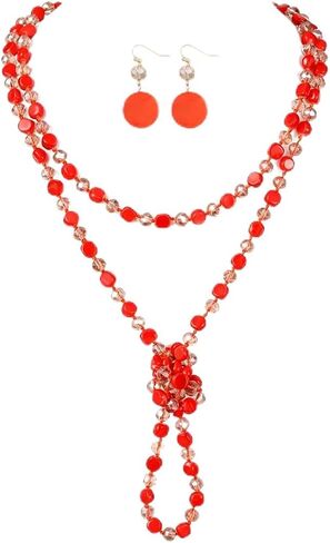 Trendy Infinity Wrap 60’’ Long Statement Necklace and Earrings Set - Hand Knotted Versatile Crystal and Shell Beads Strand Necklace - Beaded Boho Chic Strand Jewelry Set Gift for Women in Saudi Arabia