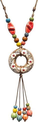 Boho Ceramic Flower Donut Pendant Necklace, Beads Adjustable Cord Jewelry, Ethnic Hippie Tassel Jewelry for Women in Saudi Arabia