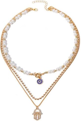 18K Gold Plated Layered Necklace Set Pearl Beaded Chain Evil Eye Hamsa Hand Pendant Multi Strand Necklace Adjustable Length Boho Chic Fashion Jewelry for Women Party Daily Wear in Kuwait