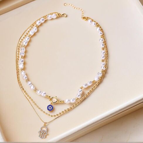 18K Gold Plated Layered Necklace Set Pearl Beaded Chain Evil Eye Hamsa Hand Pendant Multi Strand Necklace Adjustable Length Boho Chic Fashion Jewelry for Women Party Daily Wear in Kuwait