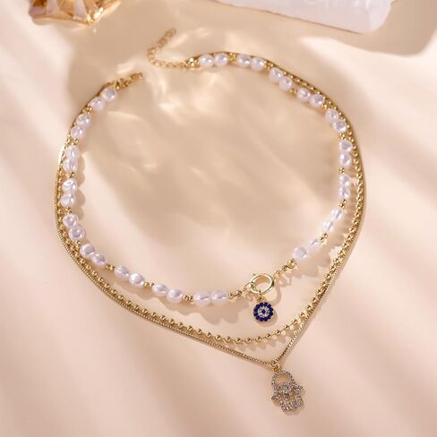 18K Gold Plated Layered Necklace Set Pearl Beaded Chain Evil Eye Hamsa Hand Pendant Multi Strand Necklace Adjustable Length Boho Chic Fashion Jewelry for Women Party Daily Wear in Kuwait